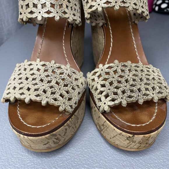 TORY BURCH Sandals Perforated Leather Wedge Platform Cork Heel Womens 6 Gold - Picture 6 of 9